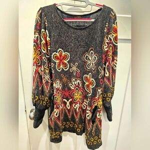 BACCI XL Floral Boho Sweater Tunic – Long Sleeve Gray Multicolor Knit Top